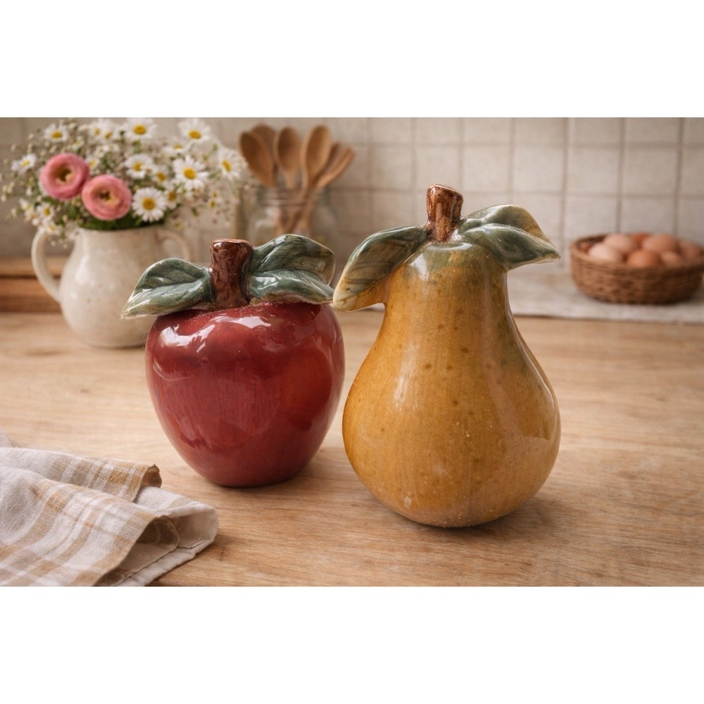 Vintage Salt & Pepper Shaker Set Ceramic Pear & Apple Cottagecore Retro Decor